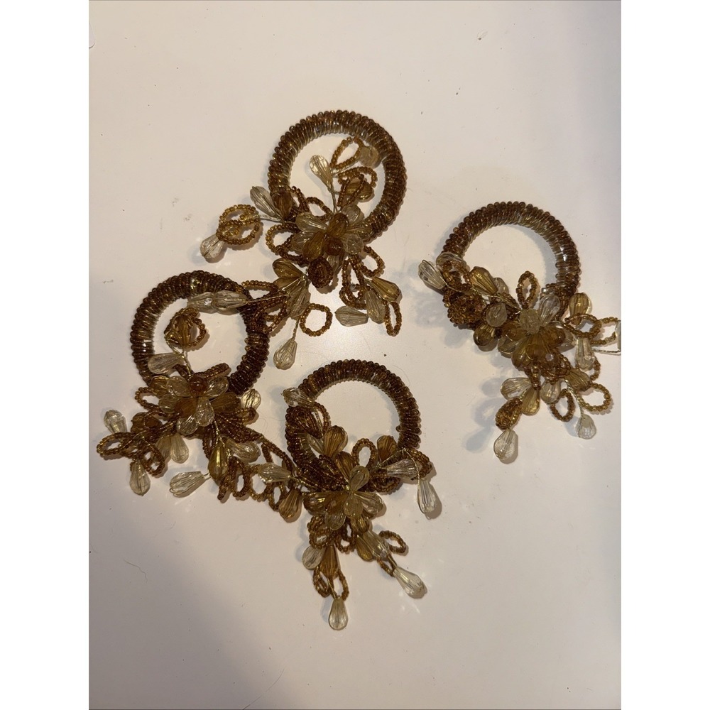 Set Of 4 Vintage Beaded Bead Napkin Ring/Holder Earthrone Colors Floral Design